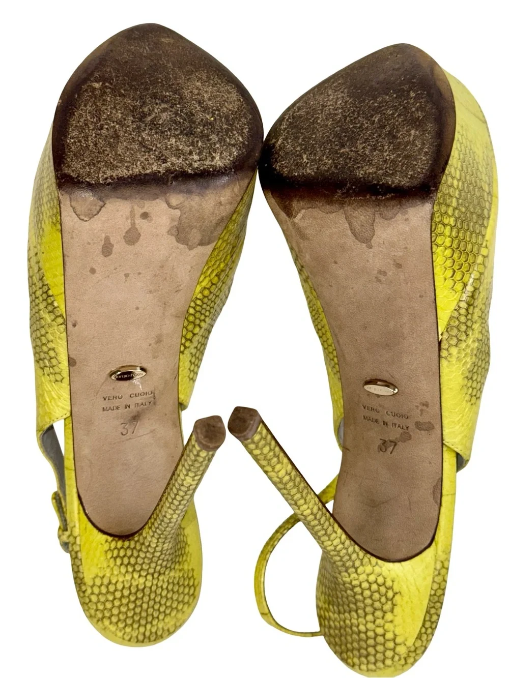 SERGIO ROSSI YELLOW SNAKE SLINGBACK PLATFORM HEELS